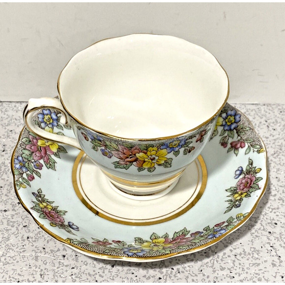 Colclough England Bone China Footed Tea Cup & Saucer Set Pale Blue & Floral - Picture 4 of 9